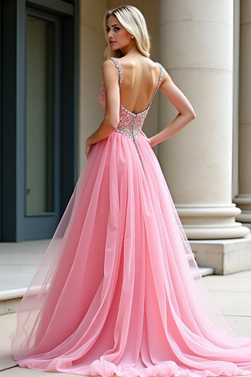 Sparkly Pink Ball Gown Spaghetti Straps Tulle Long Formal Dress with Beading